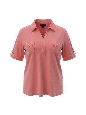 Karen Scott Coral-Pink Split V-Neck Short Sleeve Blouse